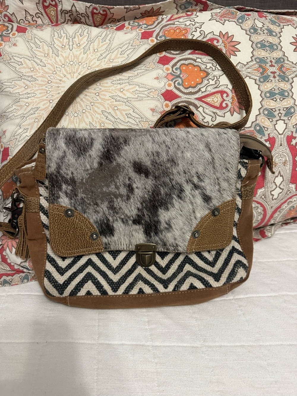 Women’s Brown Suede Crossbody Bag with Black & White Pattern